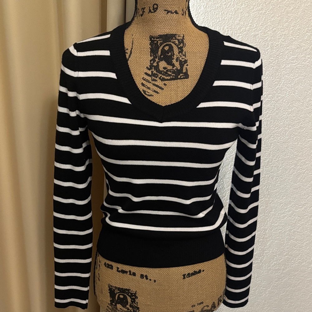 Chic Black and White Striped V-Neck Sweater